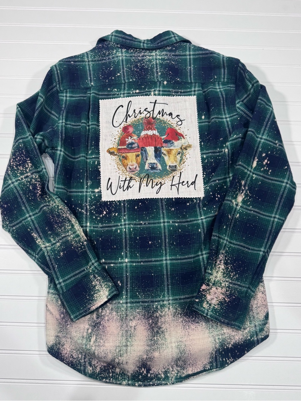 Custom Up Cycled Bleached Flannel Shirt with Christmas Cow Patch